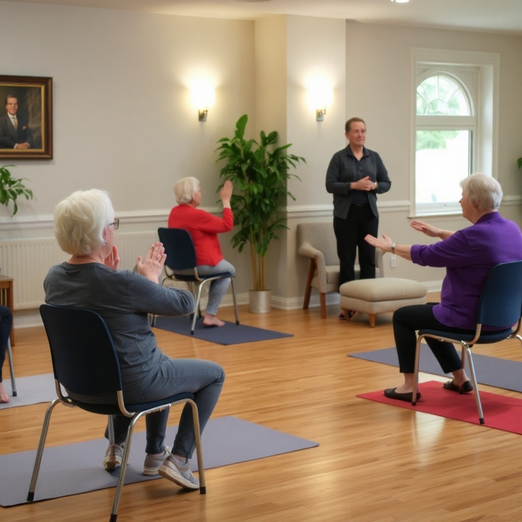 Seniors taking a gentle chair yoga class with an instructor