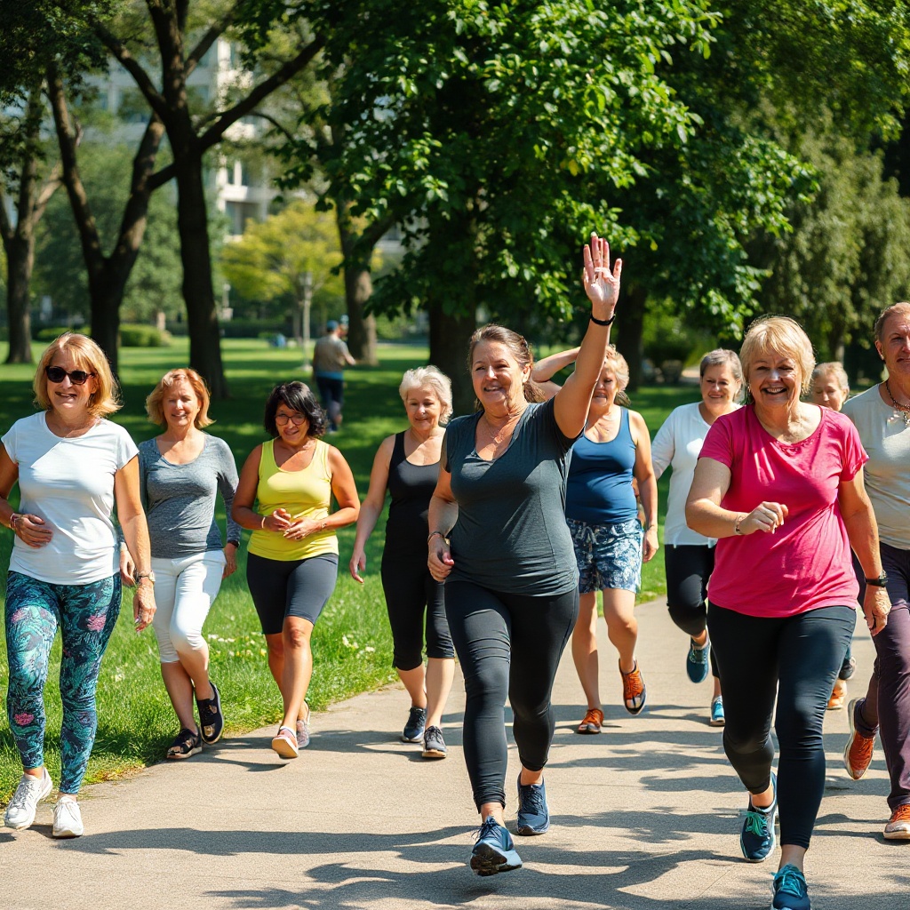 People walking and stretching together in a park