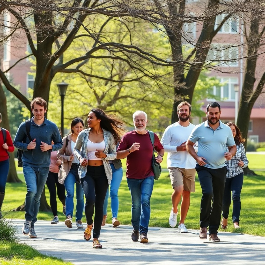 People walking briskly in a park