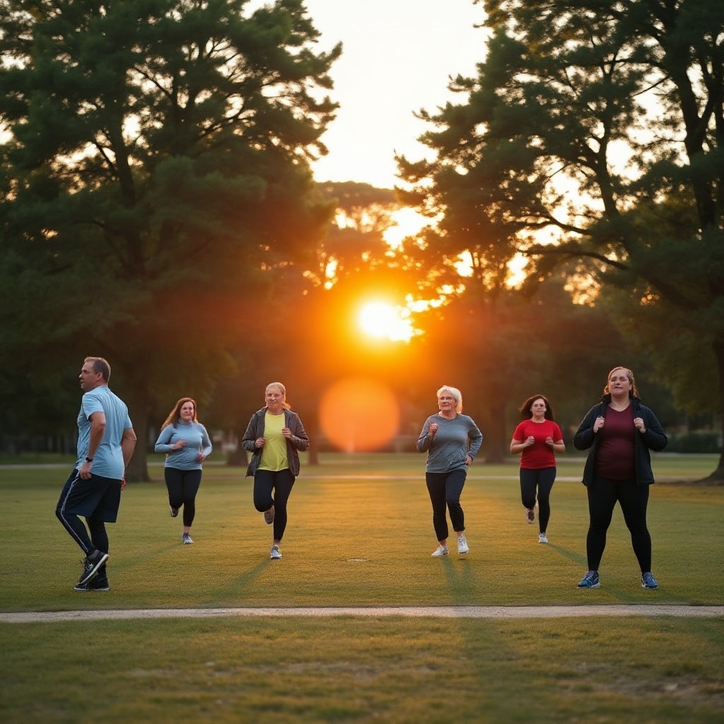 Group outdoor morning workout with stretching and light cardio in a park