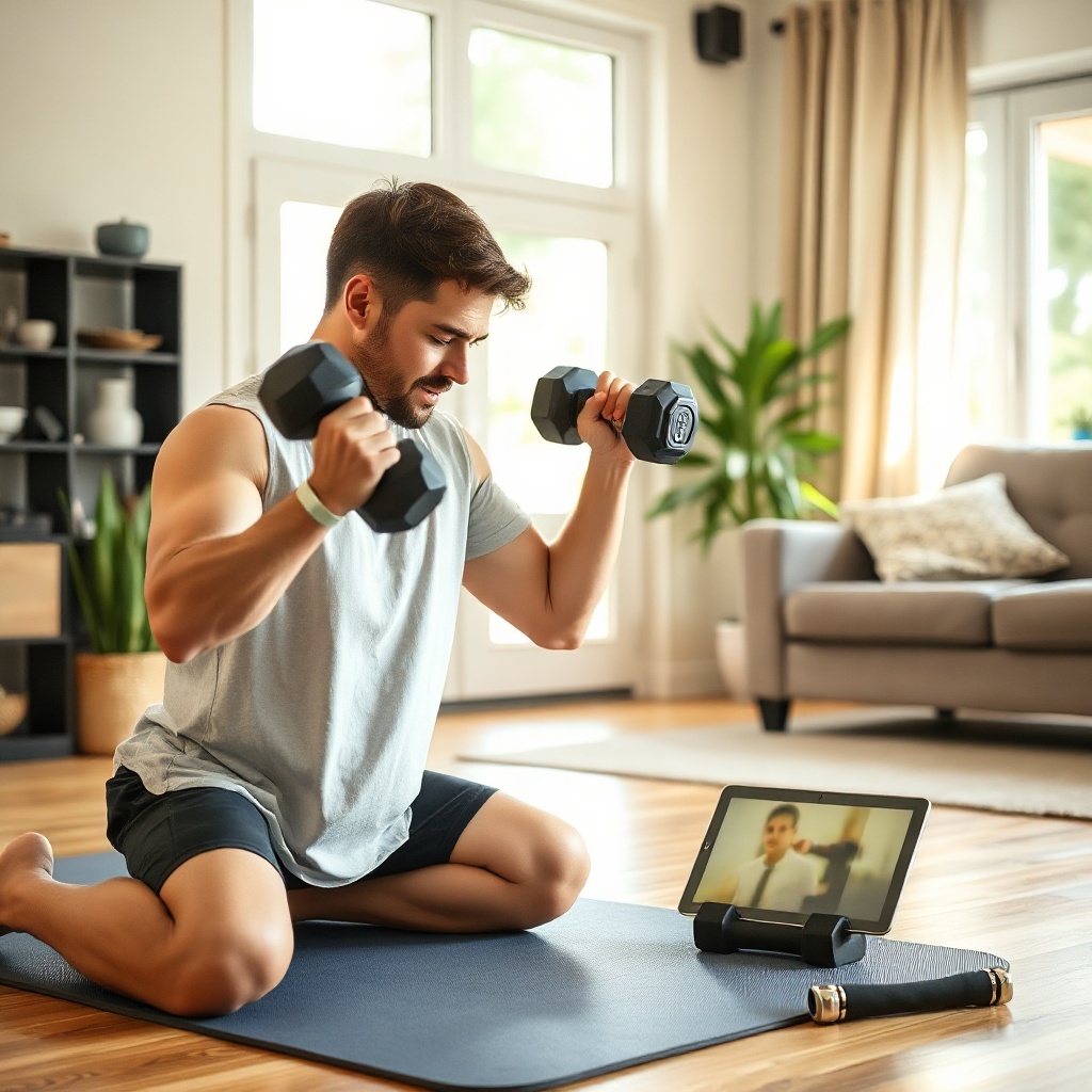 Young man doing at-home dumbbell strength training while following a tablet workout