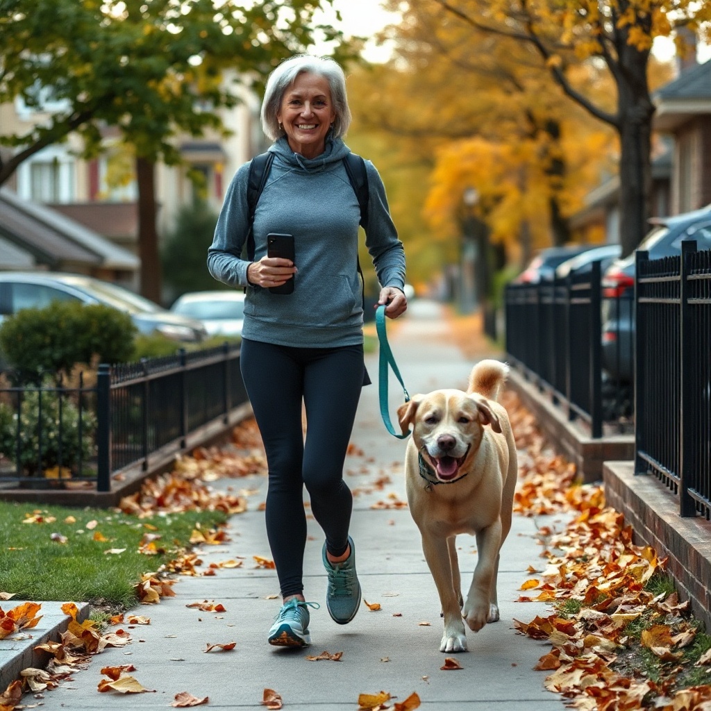 Middle-aged woman brisk walking her dog in neighborhood activewear